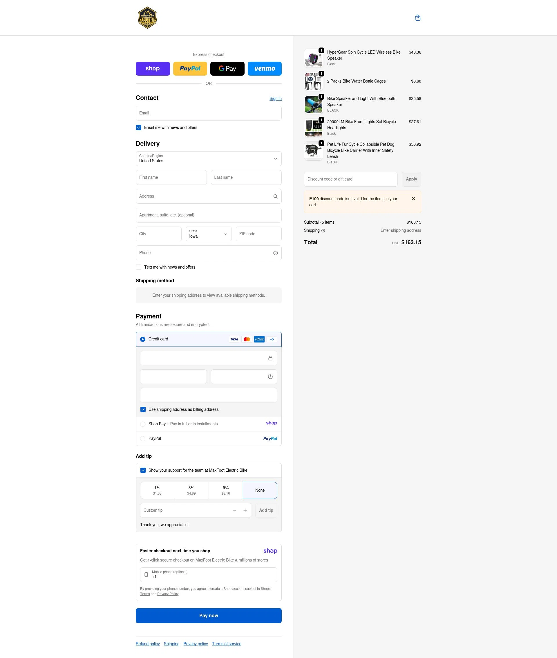 MaxFoot Electric Bike checkout page showing MaxFoot Electric Bike promo code box | Screenshot taken by SimplyCodes community member on Jan 9, 2026