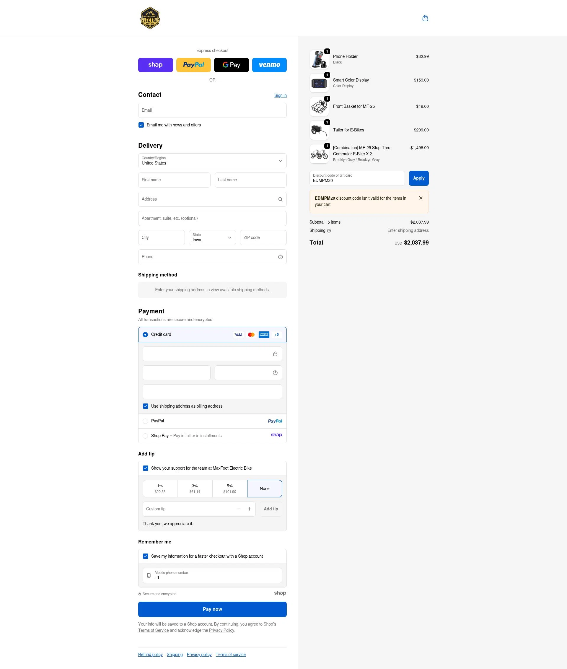 MaxFoot Electric Bike checkout page showing MaxFoot Electric Bike promo code box | Screenshot taken by SimplyCodes community member on Nov 11, 2025