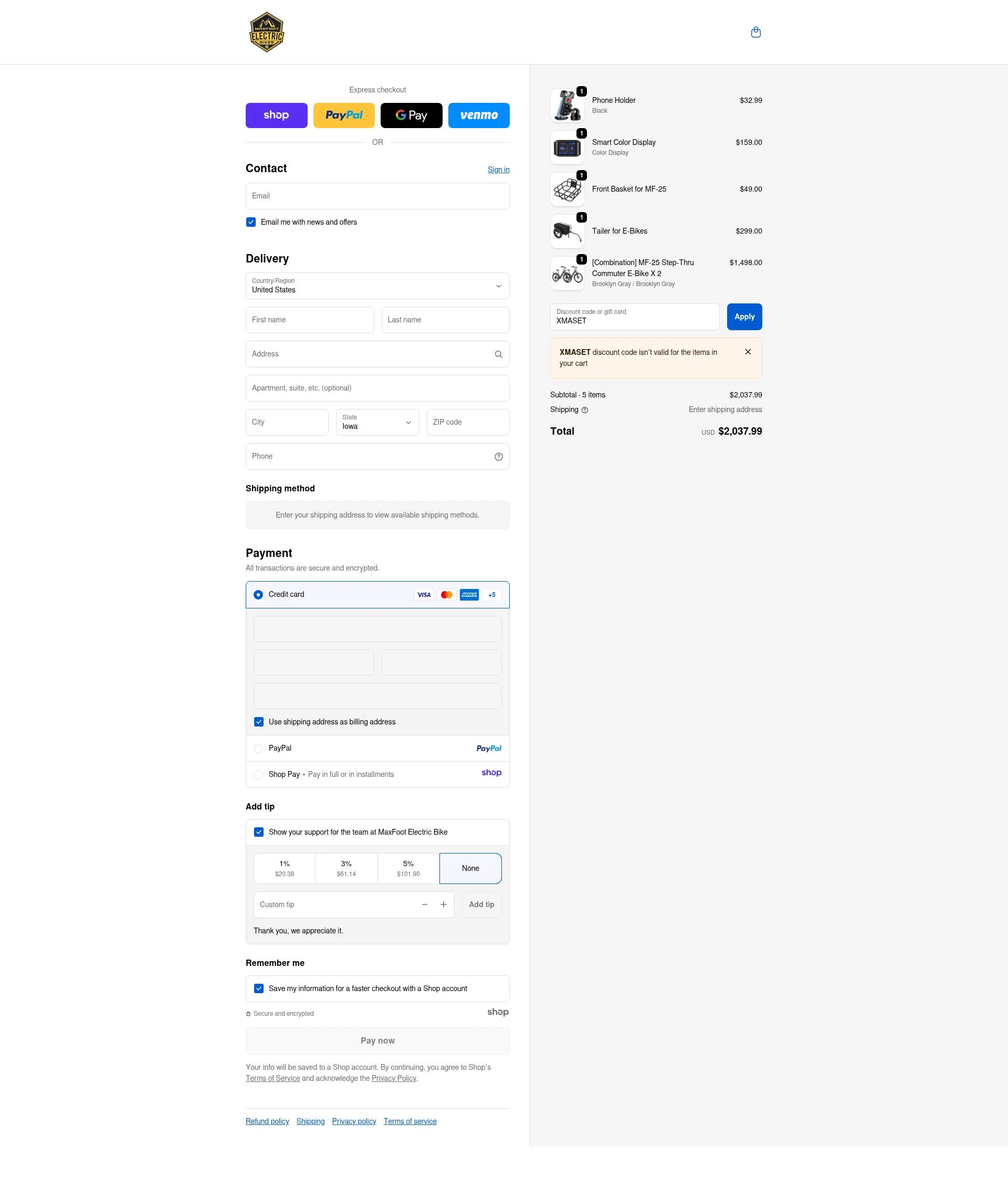 MaxFoot Electric Bike checkout page showing MaxFoot Electric Bike promo code box | Screenshot taken by SimplyCodes community member on Nov 11, 2025