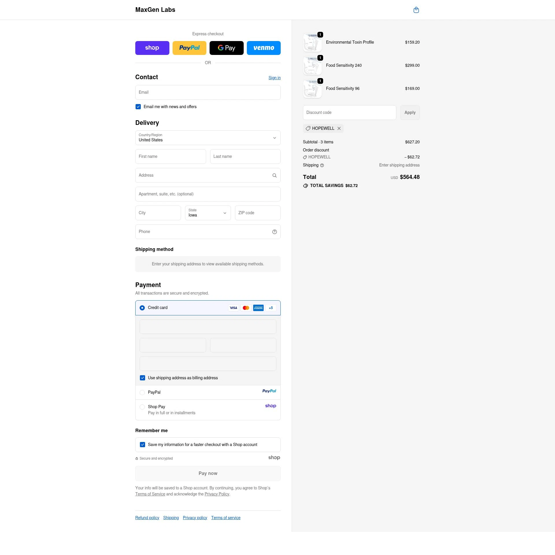 MaxGen Labs checkout page showing MaxGen Labs discount code box | Screenshot taken by SimplyCodes community member on Oct 27, 2025