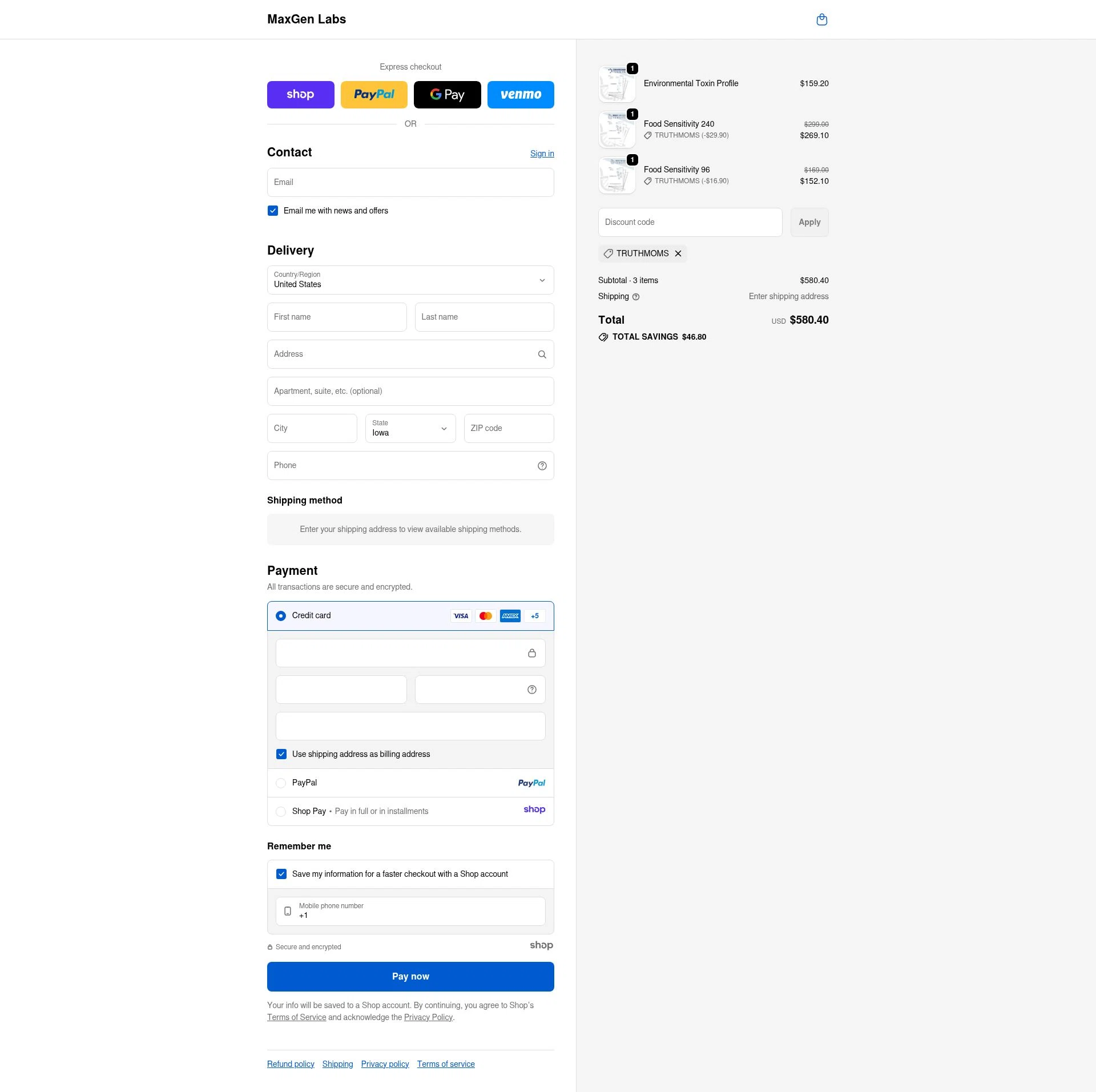 MaxGen Labs checkout page showing MaxGen Labs discount code box | Screenshot taken by SimplyCodes community member on Nov 9, 2025