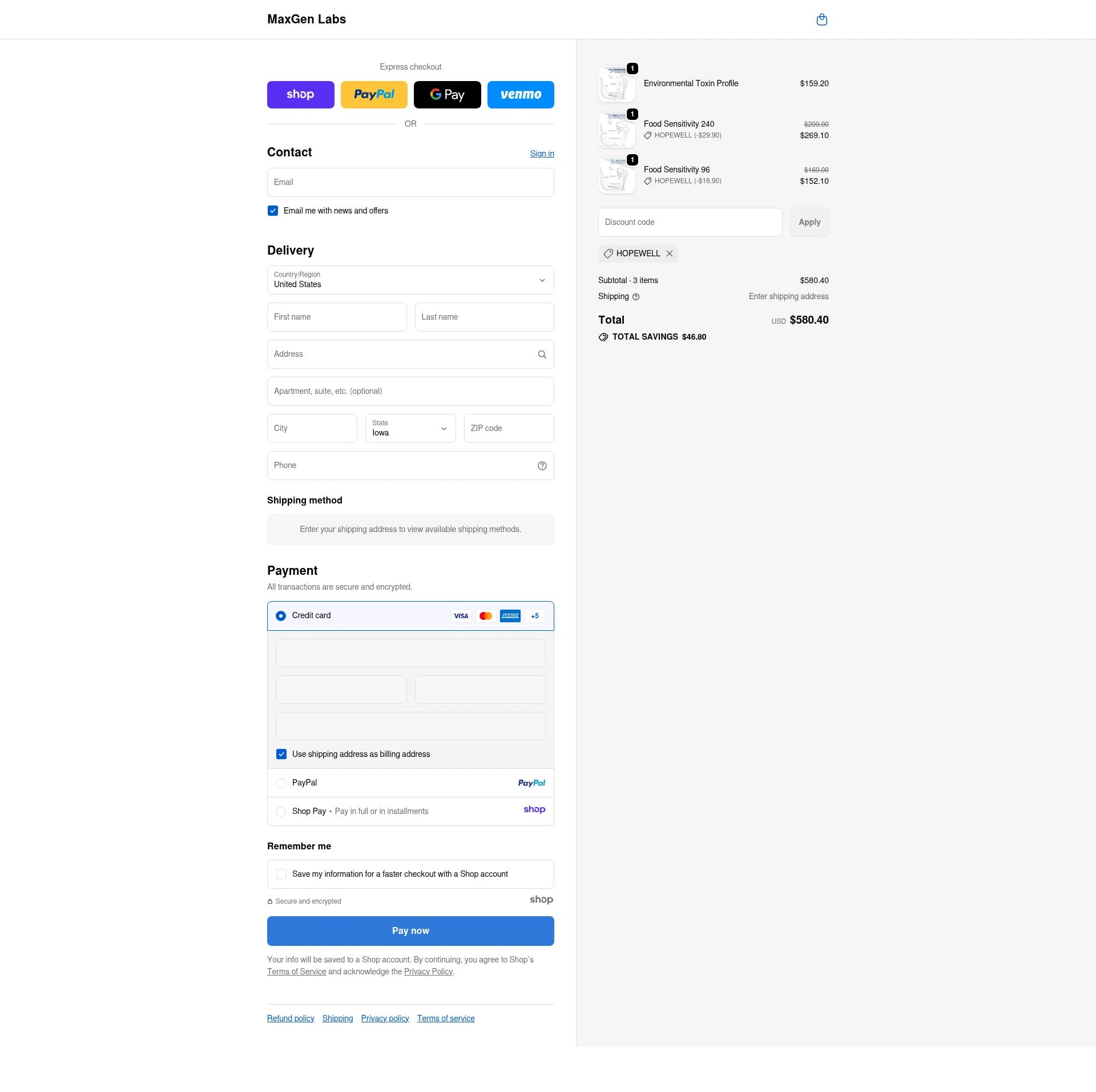 MaxGen Labs checkout page showing MaxGen Labs discount code box | Screenshot taken by SimplyCodes community member on Nov 20, 2025
