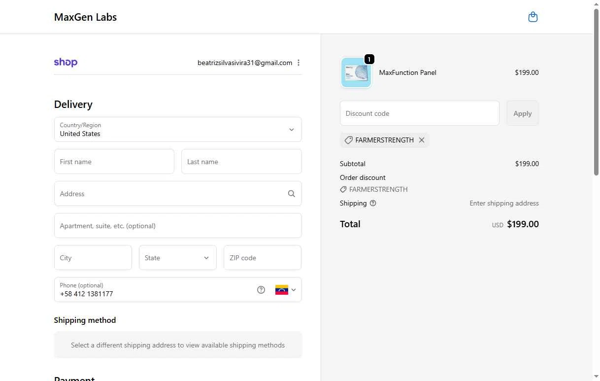 MaxGen Labs checkout page showing MaxGen Labs discount code box | Screenshot taken by SimplyCodes community member on Oct 28, 2025