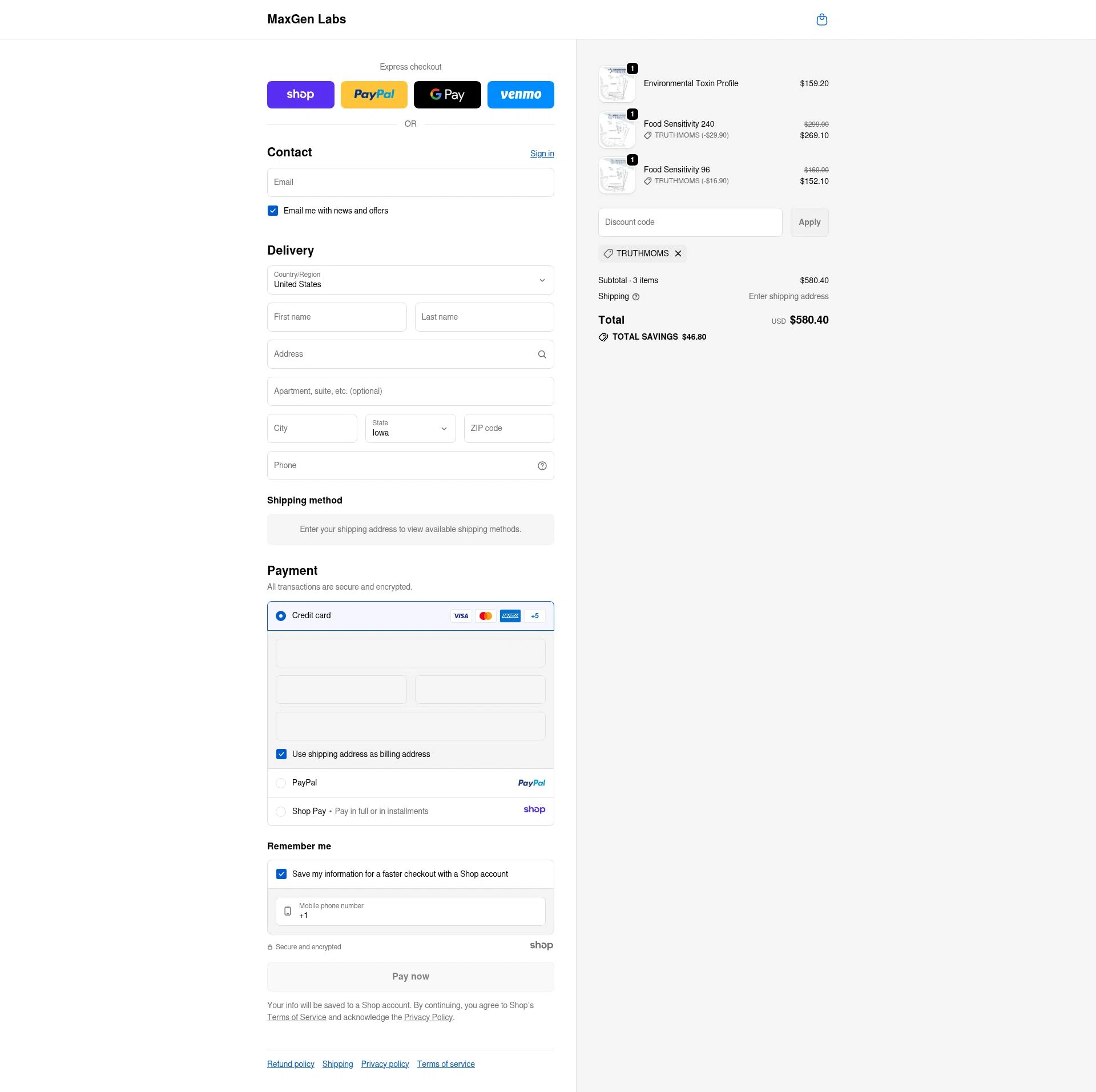MaxGen Labs checkout page showing MaxGen Labs discount code box | Screenshot taken by SimplyCodes community member on Nov 20, 2025