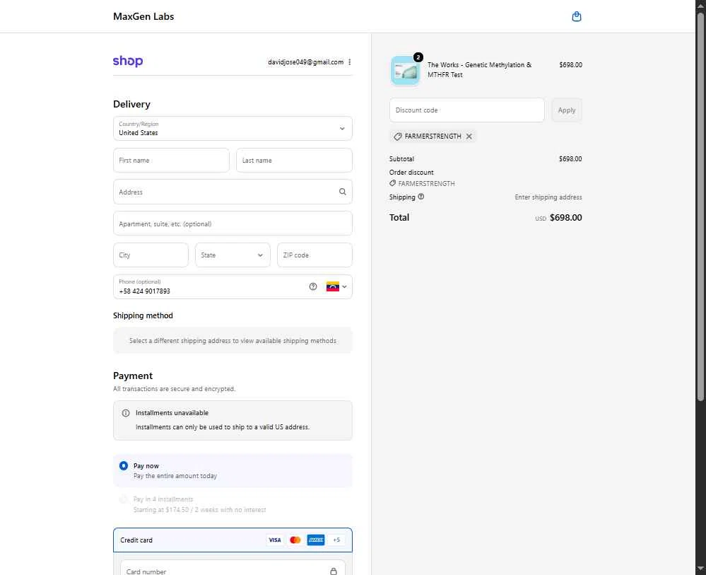 MaxGen Labs checkout page showing MaxGen Labs discount code box | Screenshot taken by SimplyCodes community member on Oct 28, 2025