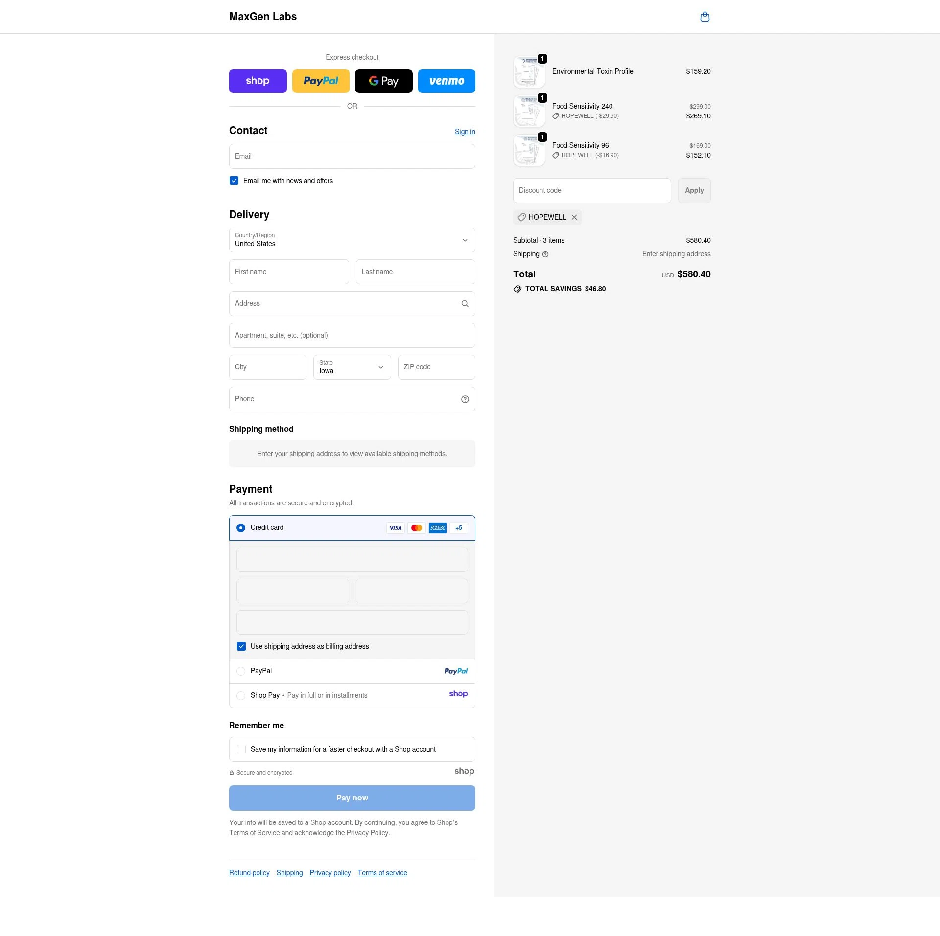 MaxGen Labs checkout page showing MaxGen Labs discount code box | Screenshot taken by SimplyCodes community member on Nov 9, 2025