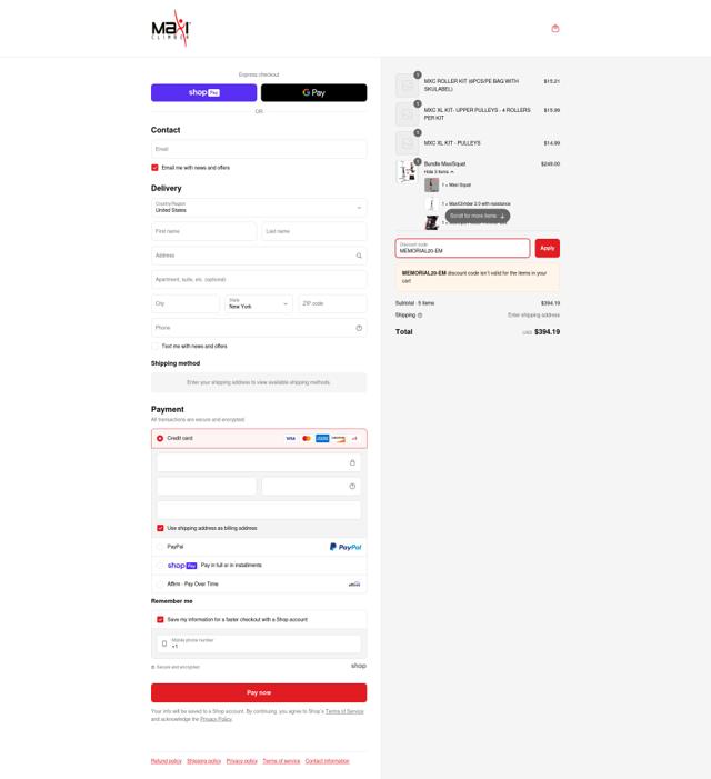 MaxiClimber checkout page showing MaxiClimber discount code box | Screenshot taken by SimplyCodes community member on May 22, 2025