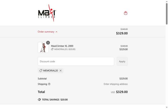 MaxiClimber checkout page showing MaxiClimber discount code box | Screenshot taken by SimplyCodes community member on May 22, 2025