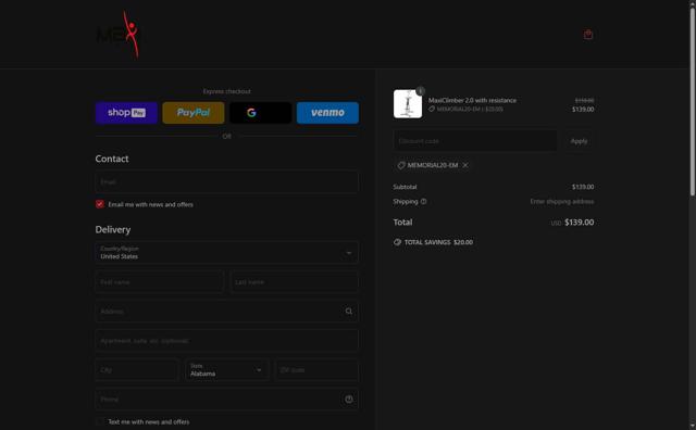 MaxiClimber checkout page showing MaxiClimber discount code box | Screenshot taken by SimplyCodes community member on May 19, 2025
