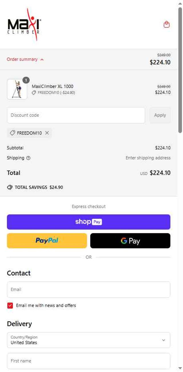 MaxiClimber checkout page showing MaxiClimber discount code box | Screenshot taken by SimplyCodes community member on Jun 28, 2025