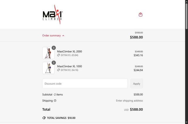 MaxiClimber checkout page showing MaxiClimber discount code box | Screenshot taken by SimplyCodes community member on Jun 18, 2025