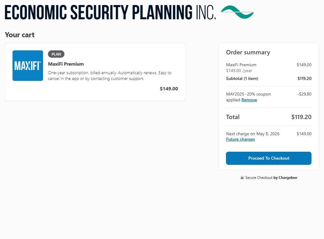 MaxiFi Planner checkout page showing MaxiFi Planner coupon code box | Screenshot taken by SimplyCodes community member on May 9, 2025