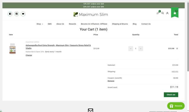 Maximum Slim checkout page showing Maximum Slim coupon code box | Screenshot taken by SimplyCodes community member on Jul 29, 2025