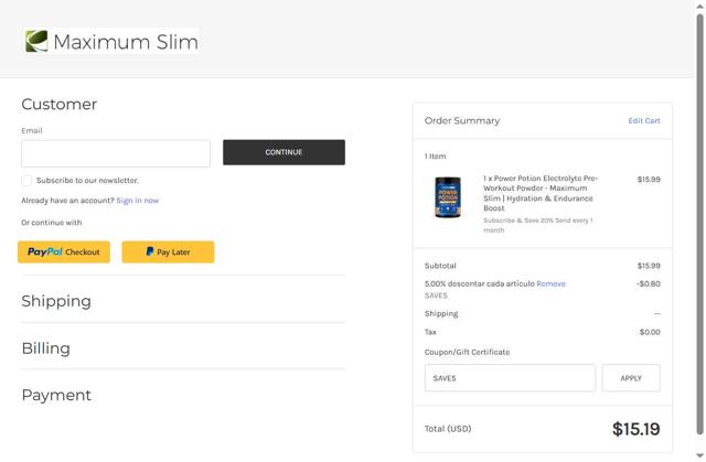 Maximum Slim checkout page showing Maximum Slim coupon code box | Screenshot taken by SimplyCodes community member on Aug 16, 2025