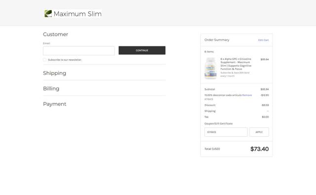 Maximum Slim checkout page showing Maximum Slim coupon code box | Screenshot taken by SimplyCodes community member on Aug 16, 2025