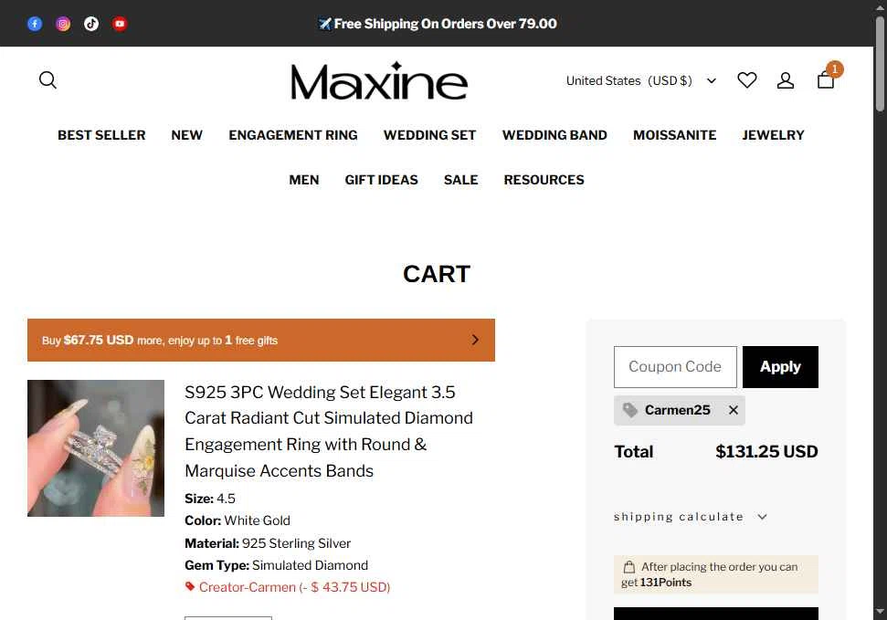 Maxine Jewelry checkout page showing Maxine Jewelry coupon code box | Screenshot taken by SimplyCodes community member on Feb 6, 2026