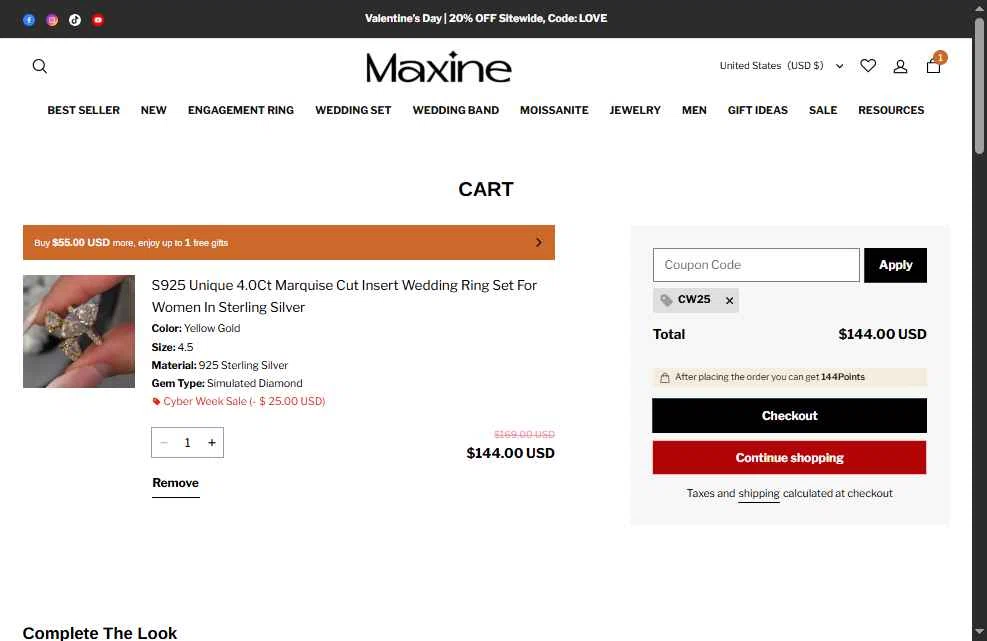 Maxine Jewelry checkout page showing Maxine Jewelry coupon code box | Screenshot taken by SimplyCodes community member on Feb 1, 2026