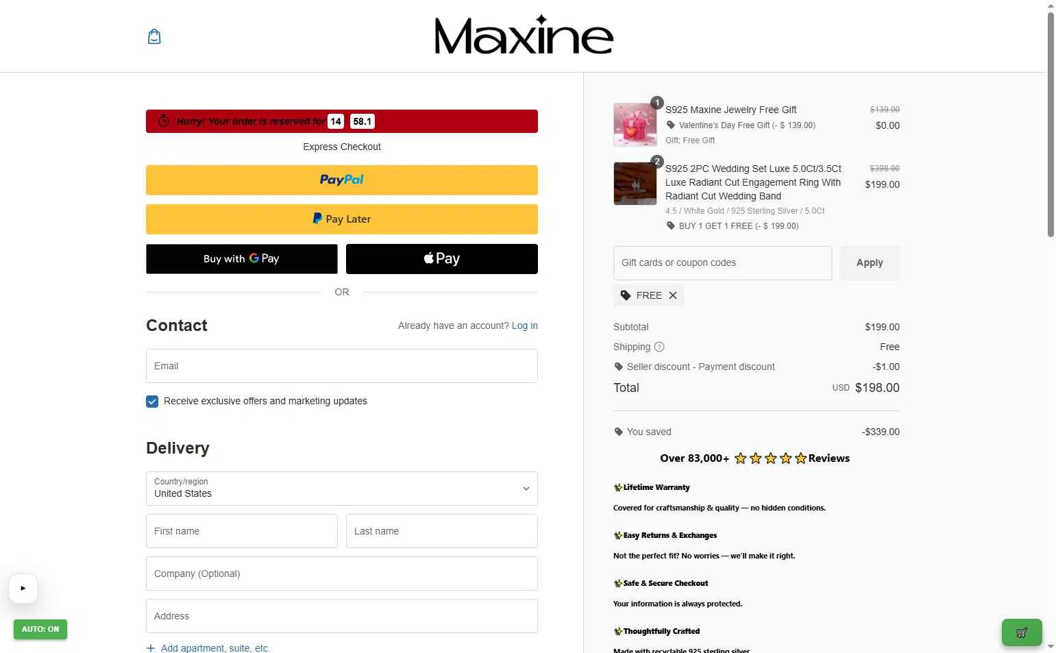 Maxine Jewelry checkout page showing Maxine Jewelry coupon code box | Screenshot taken by SimplyCodes community member on Feb 2, 2026