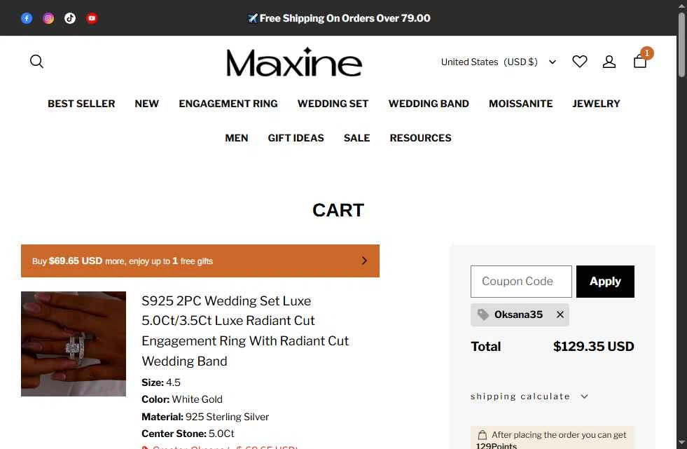 Maxine Jewelry checkout page showing Maxine Jewelry coupon code box | Screenshot taken by SimplyCodes community member on Feb 5, 2026