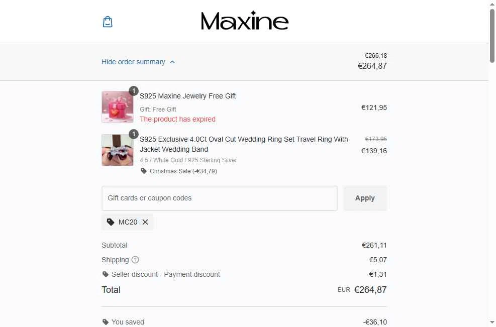 Maxine Jewelry checkout page showing Maxine Jewelry coupon code box | Screenshot taken by SimplyCodes community member on Feb 8, 2026