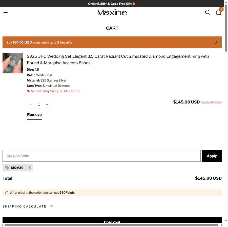 Maxine Jewelry checkout page showing Maxine Jewelry coupon code box | Screenshot taken by SimplyCodes community member on Feb 9, 2026
