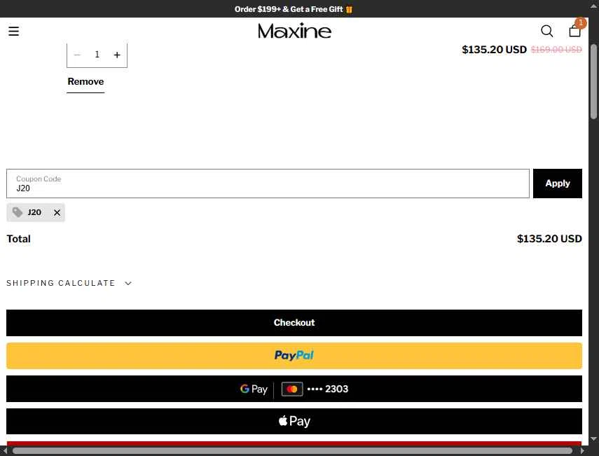 Maxine Jewelry checkout page showing Maxine Jewelry coupon code box | Screenshot taken by SimplyCodes community member on Feb 6, 2026