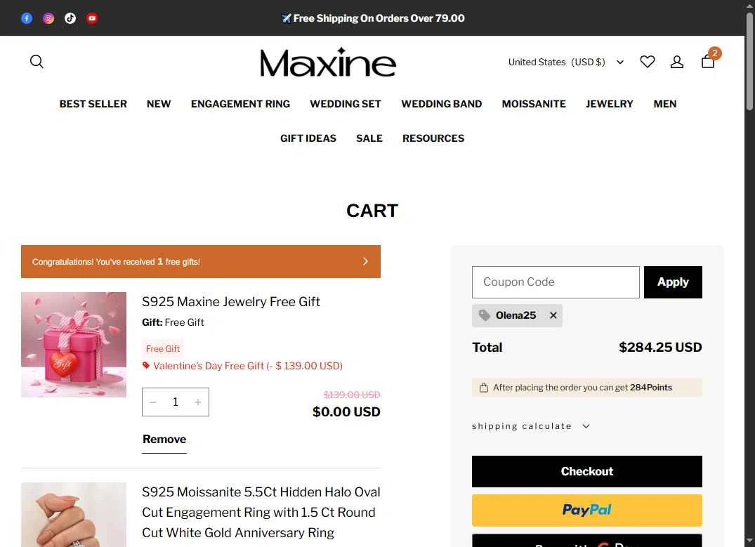 Maxine Jewelry checkout page showing Maxine Jewelry coupon code box | Screenshot taken by SimplyCodes community member on Feb 5, 2026