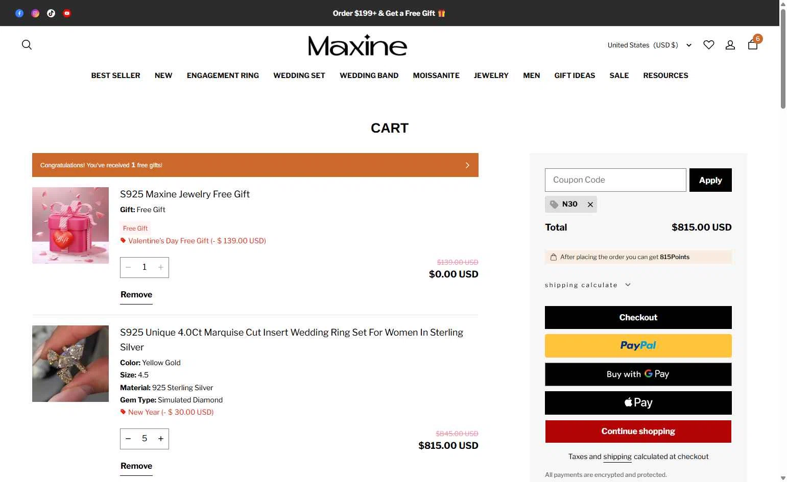 Maxine Jewelry checkout page showing Maxine Jewelry coupon code box | Screenshot taken by SimplyCodes community member on Feb 8, 2026