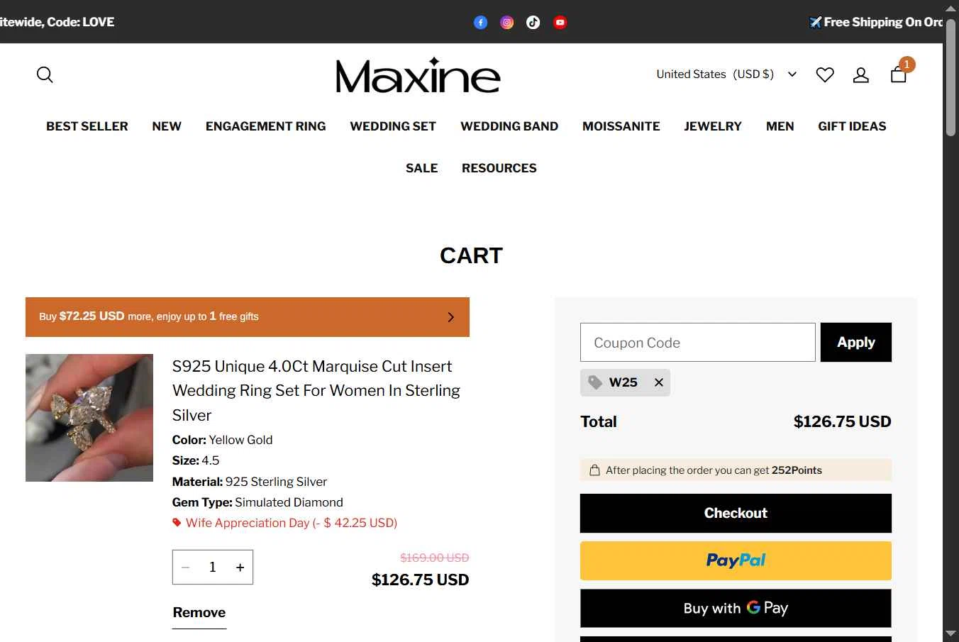 Maxine Jewelry checkout page showing Maxine Jewelry coupon code box | Screenshot taken by SimplyCodes community member on Feb 9, 2026