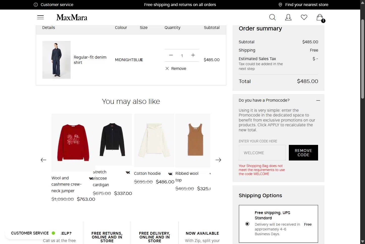 Max Mara checkout page showing Max Mara promo code box | Screenshot taken by SimplyCodes community member on Jul 11, 2025