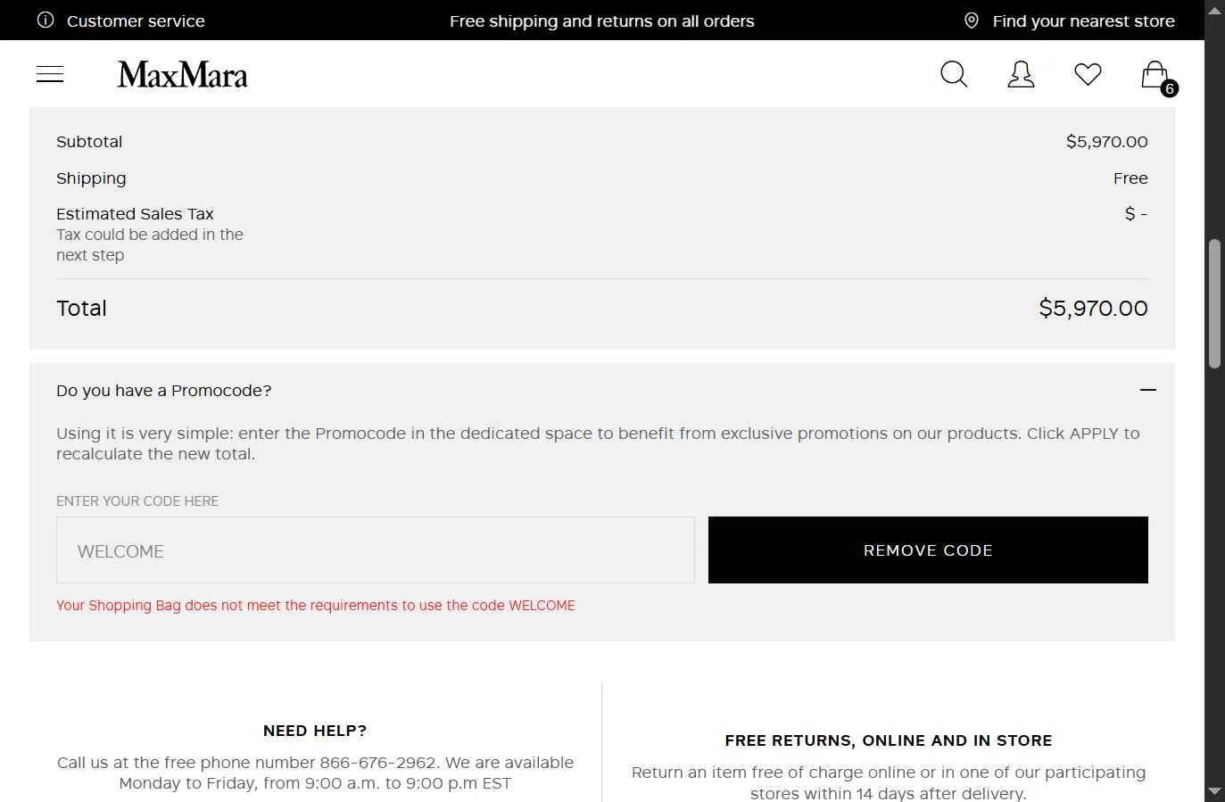 Max Mara checkout page showing Max Mara promo code box | Screenshot taken by SimplyCodes community member on Jul 25, 2025