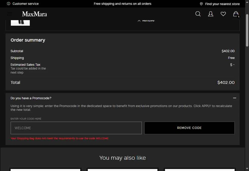 Max Mara checkout page showing Max Mara promo code box | Screenshot taken by SimplyCodes community member on May 22, 2025