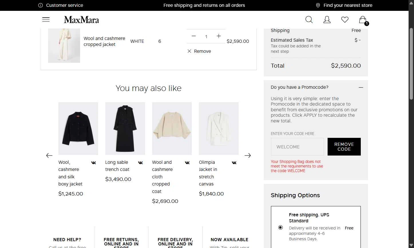 Max Mara checkout page showing Max Mara promo code box | Screenshot taken by SimplyCodes community member on Aug 10, 2025
