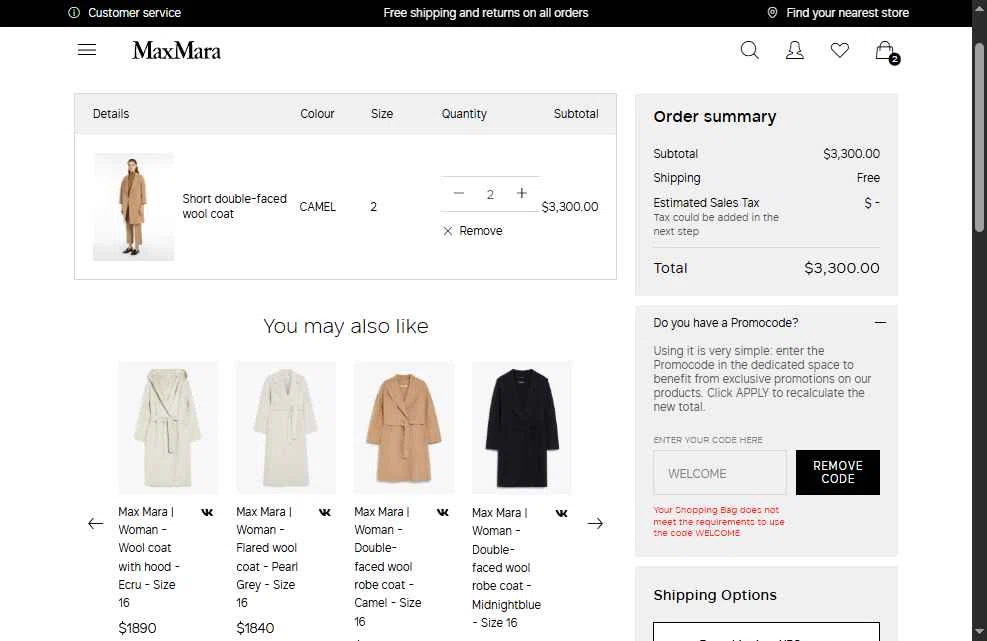 Max Mara checkout page showing Max Mara promo code box | Screenshot taken by SimplyCodes community member on Jul 11, 2025