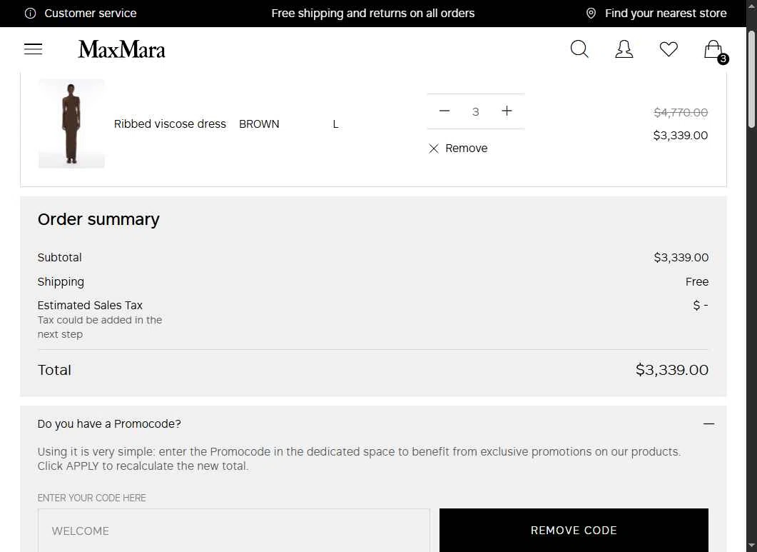 Max Mara checkout page showing Max Mara promo code box | Screenshot taken by SimplyCodes community member on Jun 14, 2025