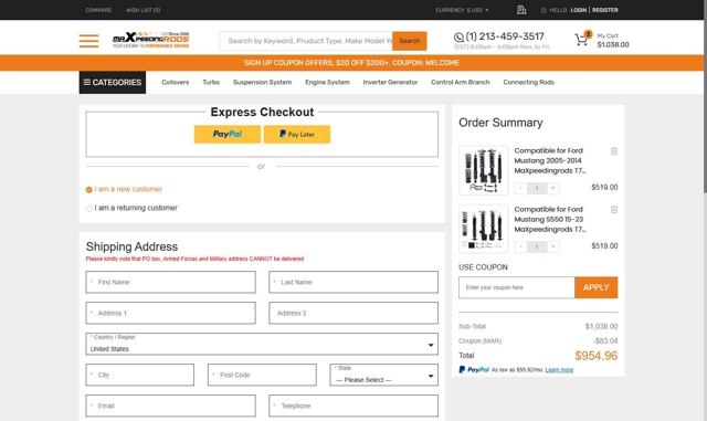 MaXpeedingRods checkout page showing MaXpeedingRods discount code box | Screenshot taken by SimplyCodes community member on Aug 1, 2025