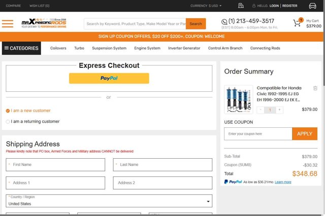 MaXpeedingRods checkout page showing MaXpeedingRods discount code box | Screenshot taken by SimplyCodes community member on Aug 14, 2025