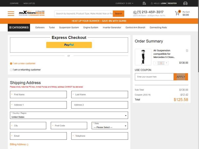 MaXpeedingRods checkout page showing MaXpeedingRods discount code box | Screenshot taken by SimplyCodes community member on Aug 14, 2025