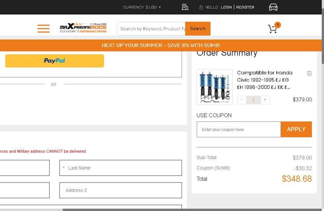 MaXpeedingRods checkout page showing MaXpeedingRods discount code box | Screenshot taken by SimplyCodes community member on Aug 17, 2025