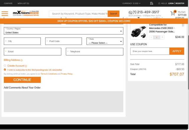 MaXpeedingRods checkout page showing MaXpeedingRods discount code box | Screenshot taken by SimplyCodes community member on Jul 28, 2025