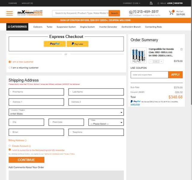 MaXpeedingRods checkout page showing MaXpeedingRods discount code box | Screenshot taken by SimplyCodes community member on Jul 4, 2025