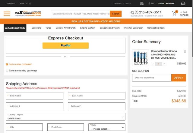 MaXpeedingRods checkout page showing MaXpeedingRods discount code box | Screenshot taken by SimplyCodes community member on Aug 28, 2025
