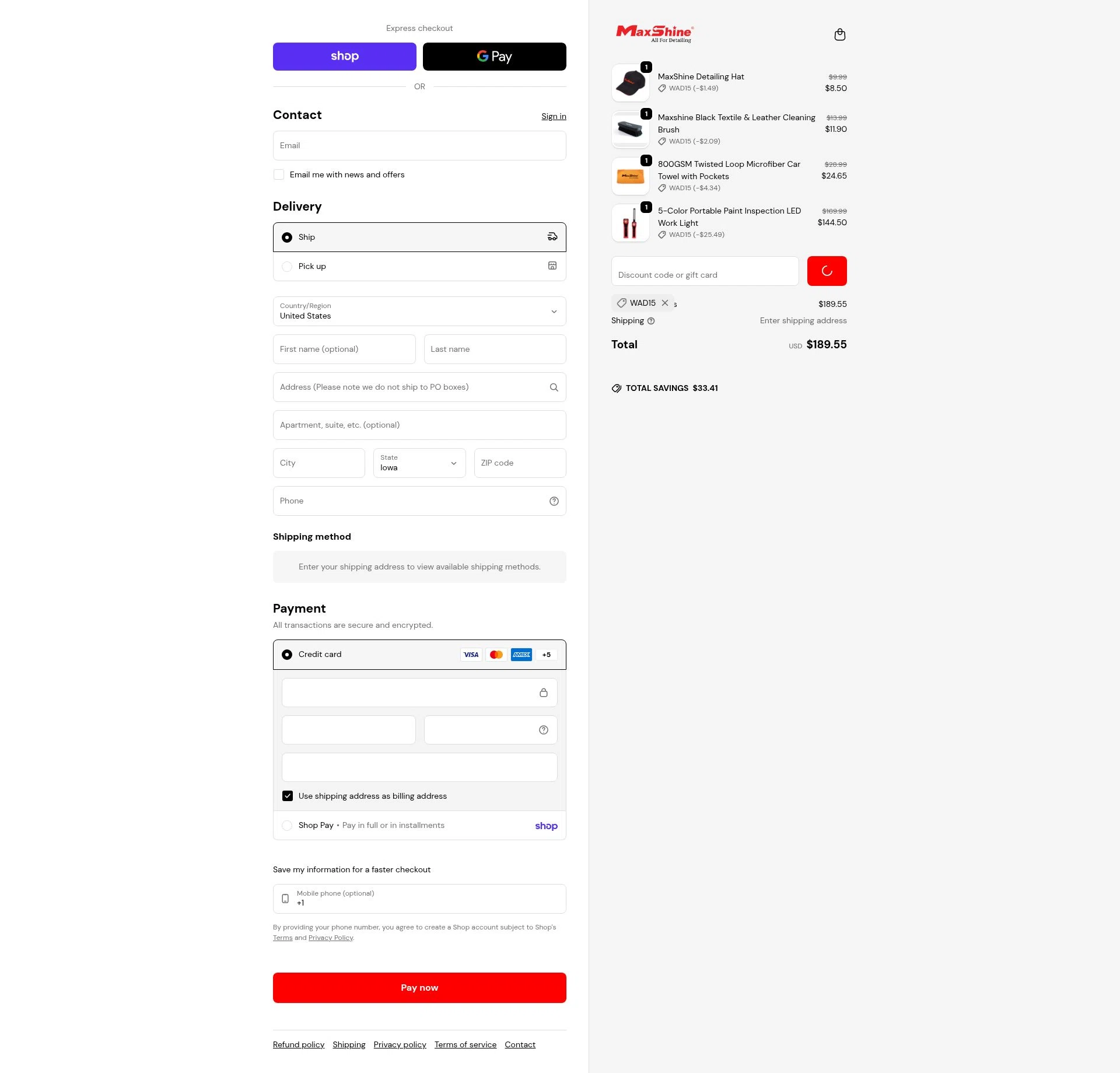 Maxshine checkout page showing Maxshine discount code box | Screenshot taken by SimplyCodes community member on Feb 18, 2026