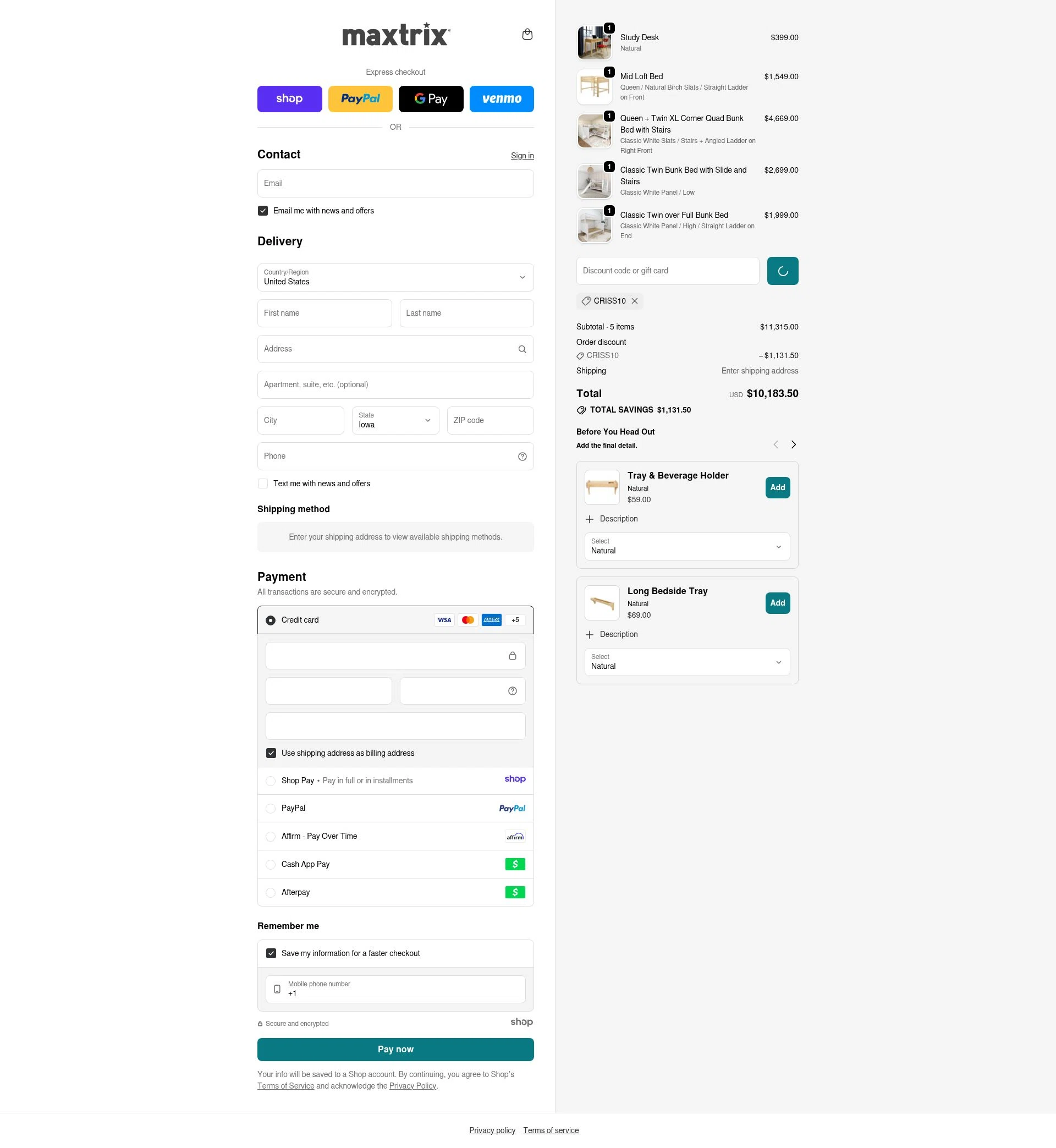 Maxtrix Furniture checkout page showing Maxtrix Furniture discount code box | Screenshot taken by SimplyCodes community member on Jan 8, 2026