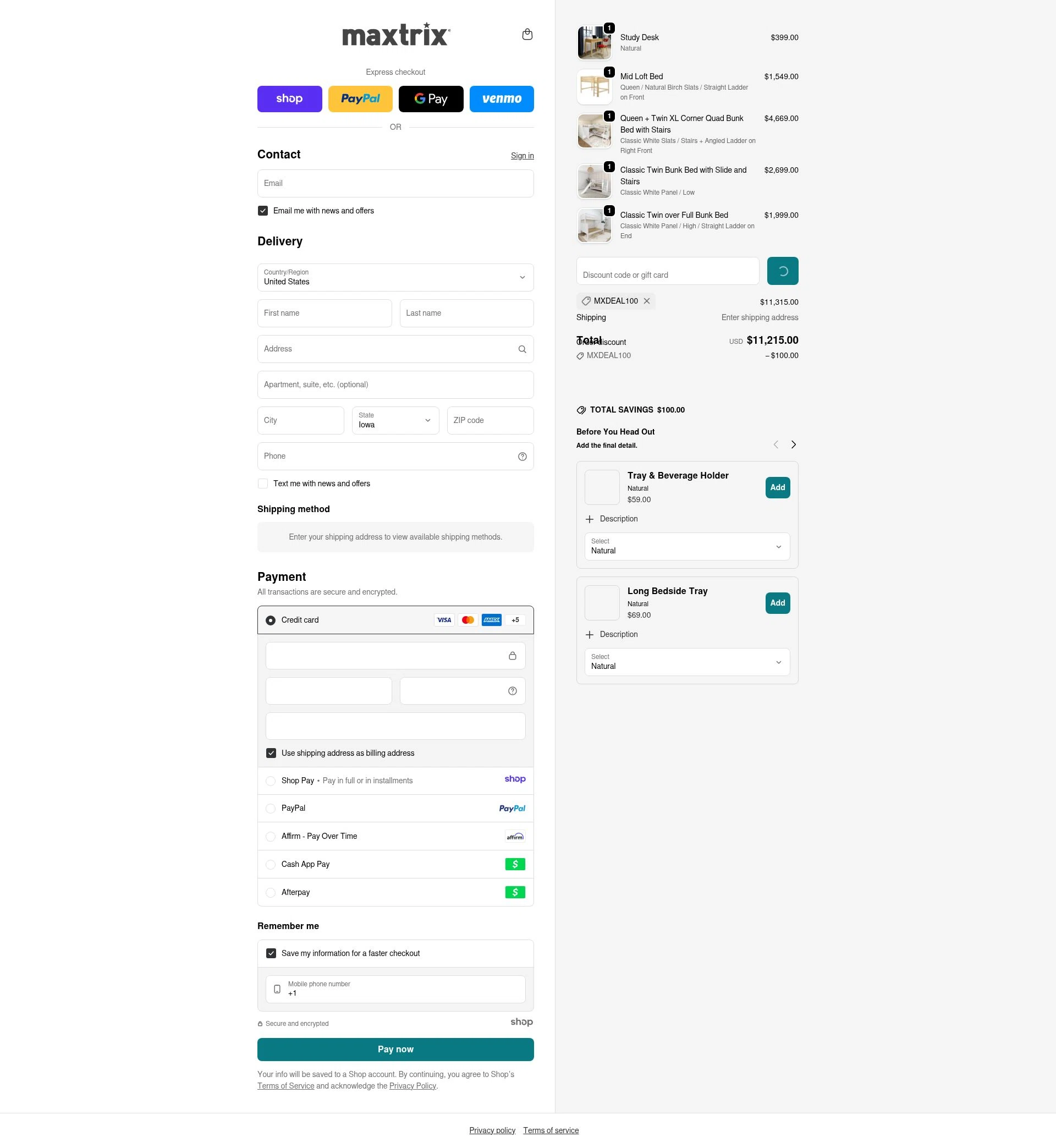 Maxtrix Furniture checkout page showing Maxtrix Furniture discount code box | Screenshot taken by SimplyCodes community member on Jan 8, 2026