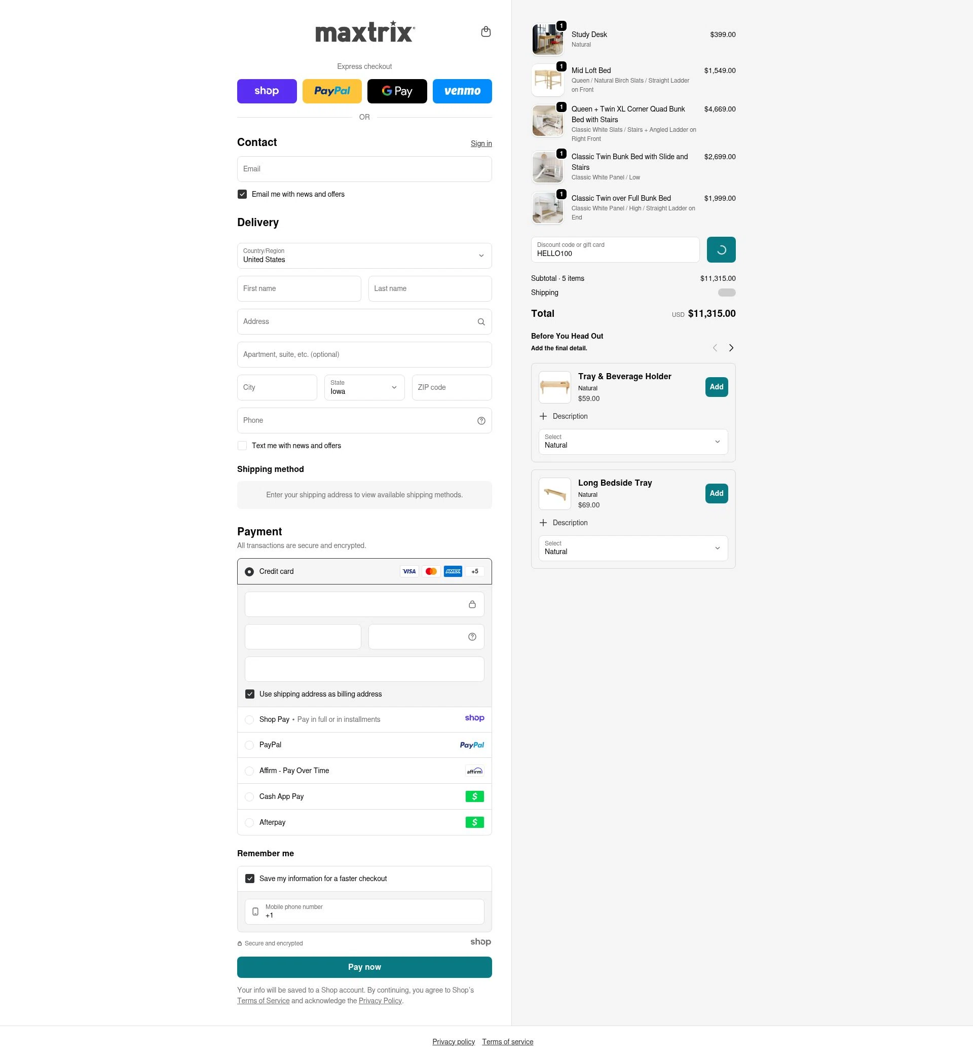 Maxtrix Furniture checkout page showing Maxtrix Furniture discount code box | Screenshot taken by SimplyCodes community member on Jan 8, 2026