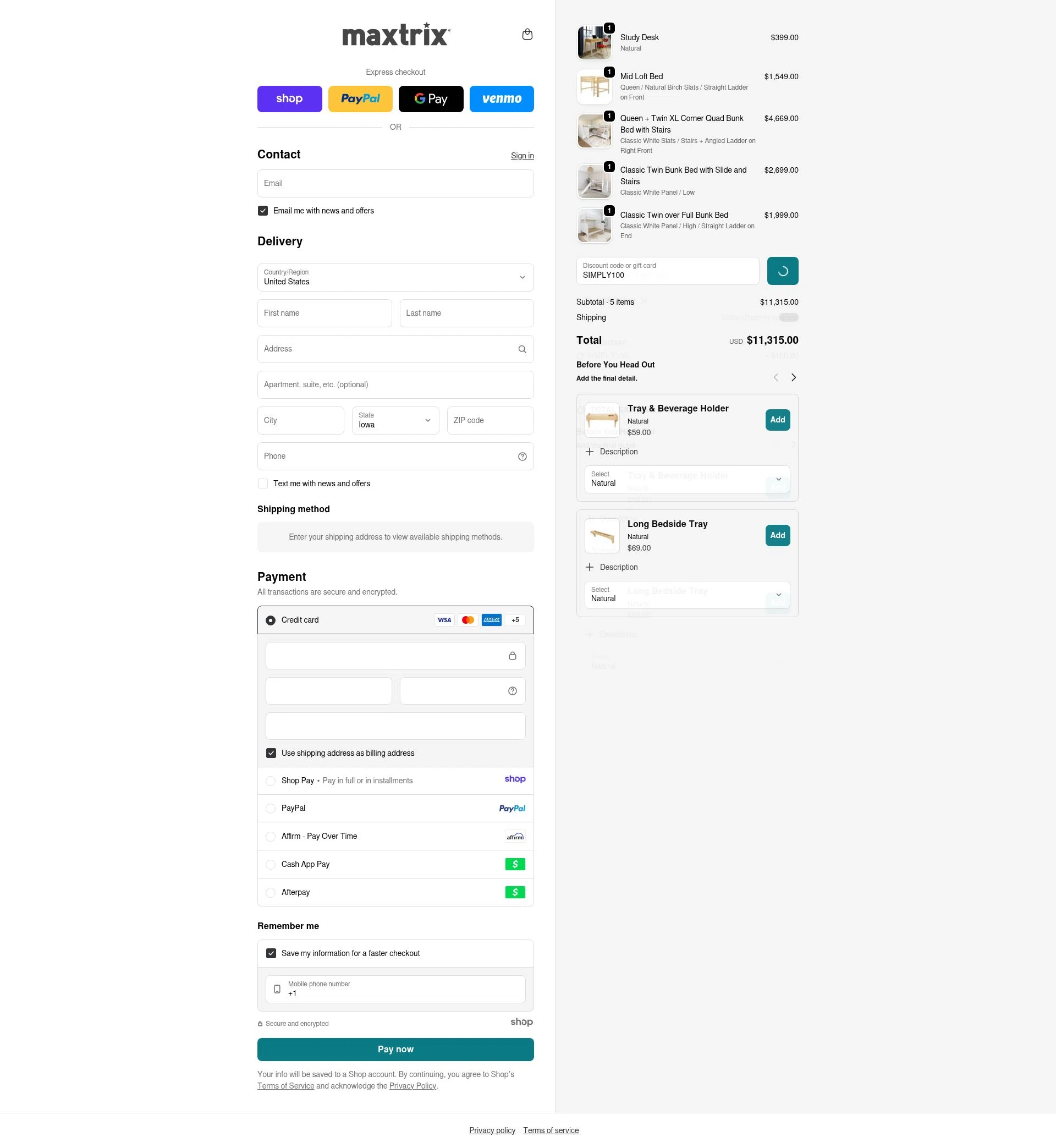 Maxtrix Furniture checkout page showing Maxtrix Furniture discount code box | Screenshot taken by SimplyCodes community member on Jan 8, 2026