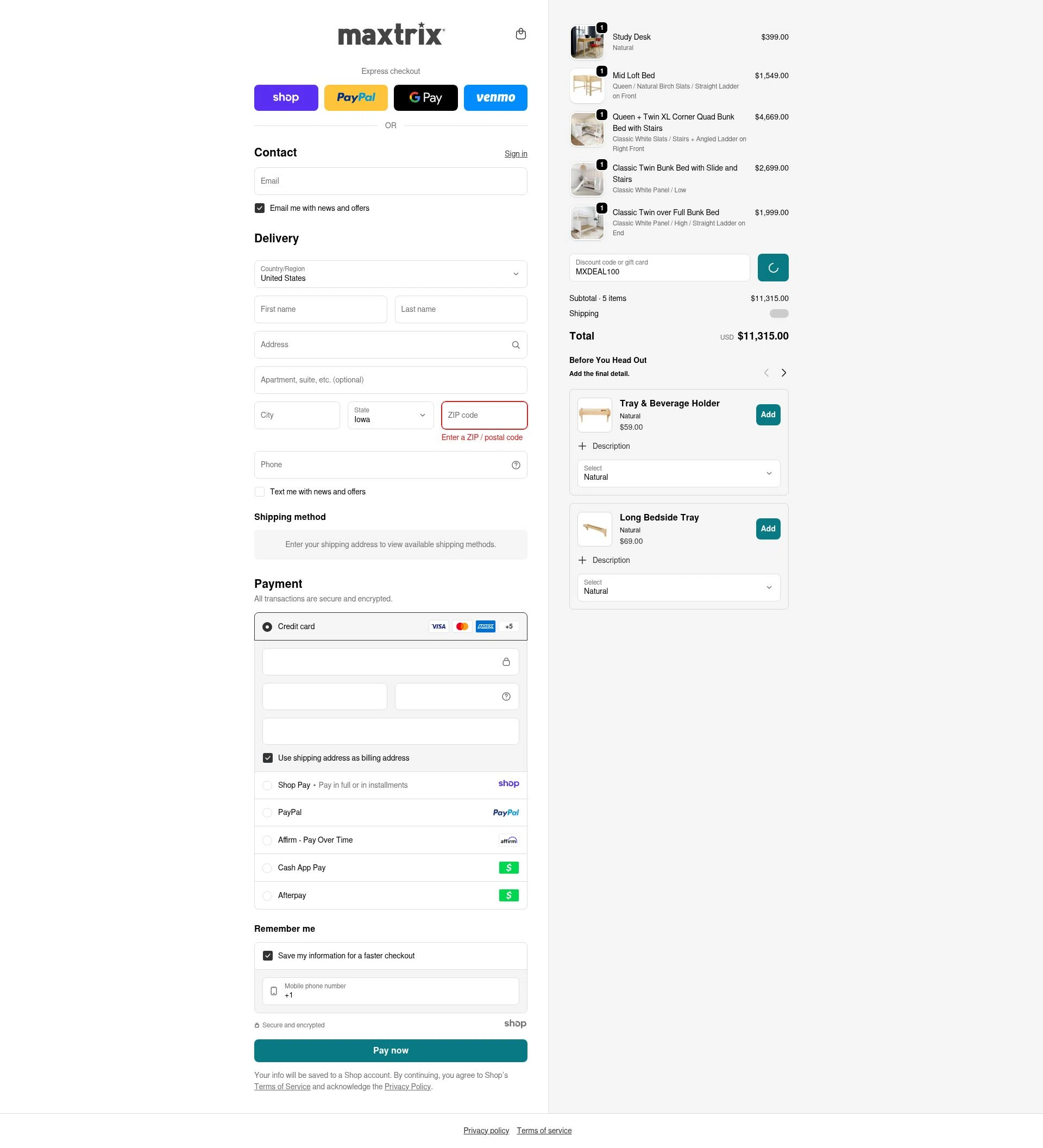 Maxtrix Furniture checkout page showing Maxtrix Furniture discount code box | Screenshot taken by SimplyCodes community member on Jan 2, 2026