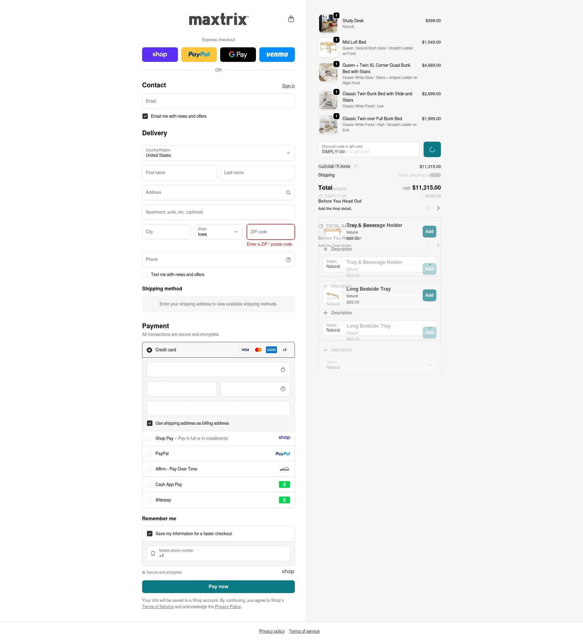 Maxtrix Furniture checkout page showing Maxtrix Furniture discount code box | Screenshot taken by SimplyCodes community member on Jan 2, 2026