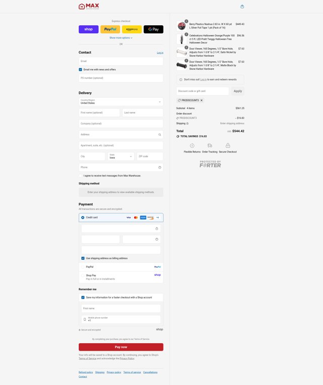 Max Warehouse checkout page showing Max Warehouse discount code box | Screenshot taken by SimplyCodes community member on Sep 6, 2025